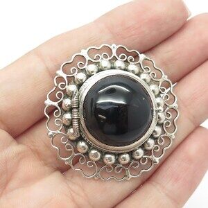 925 Sterling Silver Vintage Mexico Cabochon Black Onyx Filigree Locket Brooch